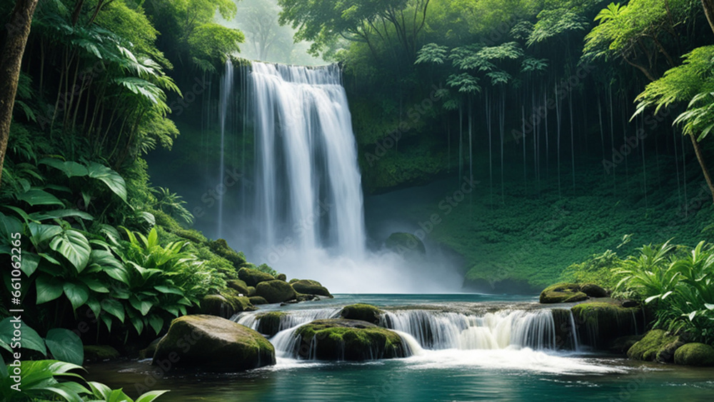 The soothing sounds of a cascading waterfall. The gentle flow of the waterfall, surrounded by lush greenery, creates a calm and refreshing atmosphere. Generative AI, Generative, AI The soothing sounds of a cascading waterfall. The gentle flow of the waterfall, surrounded by lush greenery, creates a calm and refreshing atmosphere. Generative AI, Generative, AI