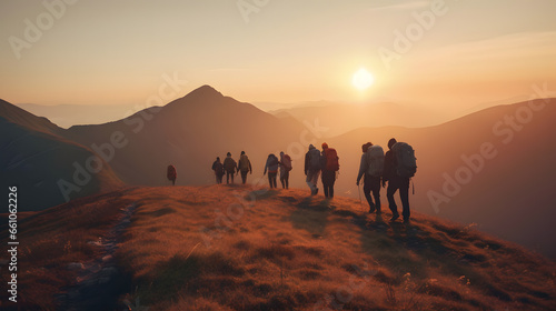 Group tourists of hiker sporty people walks in mountains at sunset with backpacks. Concept banner adventure with copy space © Adin