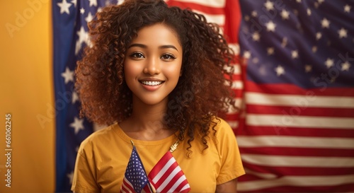 A young, cheerful female of diverse ethnicity proudly holds an American flag against a vibrant yellow background