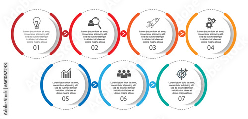 infographic template design, minimalist concept, interconnected circles with 9 steps, lines and colors in each step, good for your business presentation
