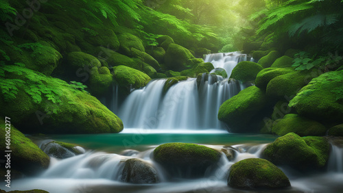 The soothing sounds of a cascading waterfall. The gentle flow of the waterfall  surrounded by lush greenery  creates a calm and refreshing atmosphere. Generative AI  Generative  AI