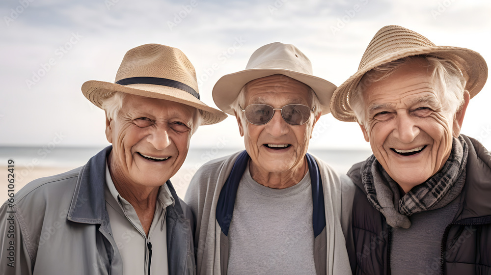 Group of happy retired old people on beach summer relax. Pensioners smiling, friendship forever concept Group of happy retired old people on beach summer relax. Pensioners smiling, friendship forever concept