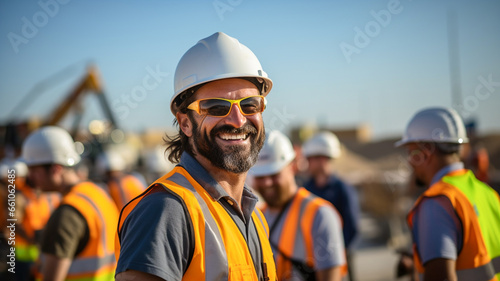 Happy of team construction worker. Engineer, construction and team or manager outdoor for civil engineering and building. Engineering, construction site and team outdoor for building project. 