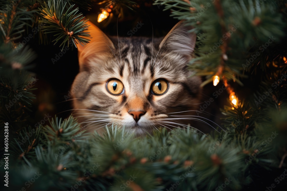 Funny cat sitting on a Christmas tree. Naughty cute kitten. Beautiful background with festive decoration and cute pet. Christmas and New Year holiday concept Funny cat sitting on a Christmas tree. Naughty cute kitten. Beautiful background with festive decoration and cute pet. Christmas and New Year holiday concept