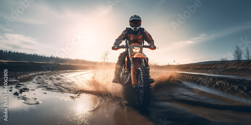 Rider biker Moto cross riding in mountain with dust. Extreme motocross sport banner