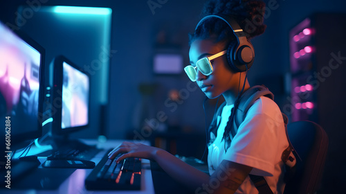 Professional Streamer African young woman cyber gamer studio room with personal computer armchair, keyboard in neon color blur
