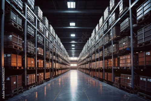 A large warehouse with metal shelving holding many containers. Generative AI
