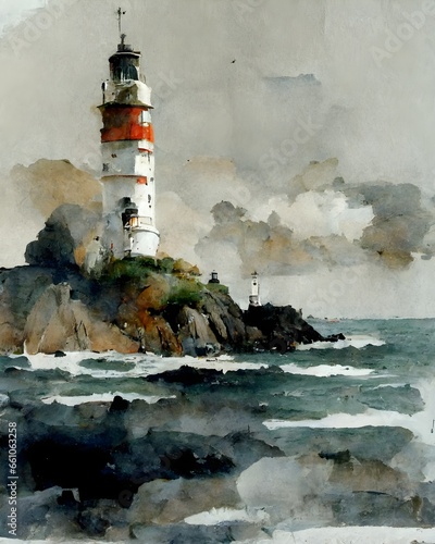 Crozon Coast Bretagne a lighthouse Boat Elements Trees drawing with grey watercolor 