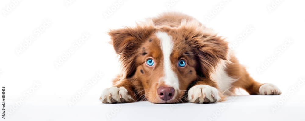 Cute adorable dog with blue eyes liying on white background. Australian shepherd or border collie breed. Best friend. Pet care and animals concept. Design for banner, card, poster