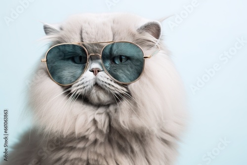 Portrait of gray persian furry cat in fashion blue sunglass. Funny pet on light blue background. Kitten in sunglass. Fashion, style, cool animal concept with copy space