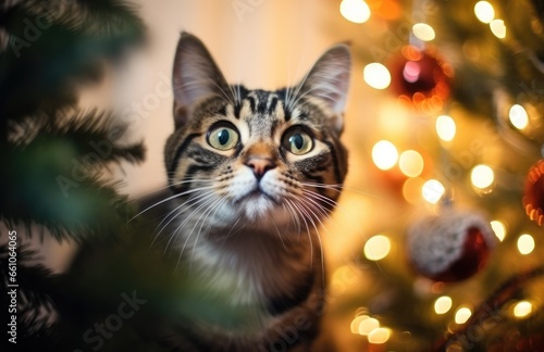 Funny cat sitting on a Christmas tree. Naughty cute kitten. Beautiful background with festive decoration and cute pet. Christmas and New Year holiday concept
