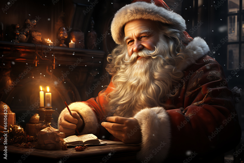 Surprised Santa Claus in a beautiful room next to the fireplace and Christmas tree sits with a sack of gifts