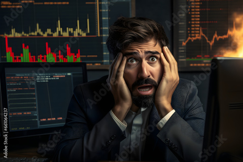 Shocked man at desk with plummeting stock market graphs on screens