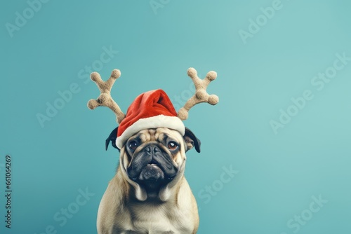 Dog wearing reindeer antlers headband and santa claus hat on clear teal blue background. New year and Christmas concept. Festive banner or backdrop with copy space