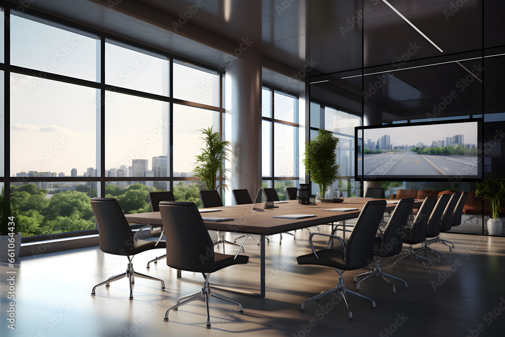 Modern boardroom with large windows overlooking the city skyline