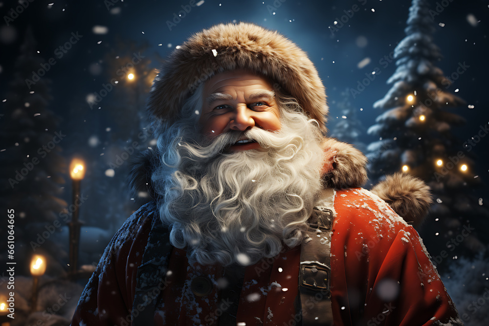 Surprised Santa Claus in a beautiful room next to the fireplace and Christmas tree sits with a sack of gifts Surprised Santa Claus in a beautiful room next to the fireplace and Christmas tree sits with a sack of gifts
