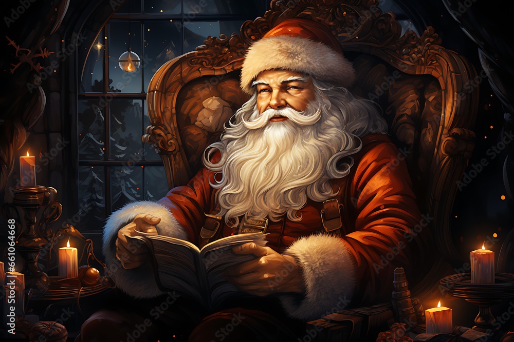 Surprised Santa Claus in a beautiful room next to the fireplace and Christmas tree sits with a sack of gifts