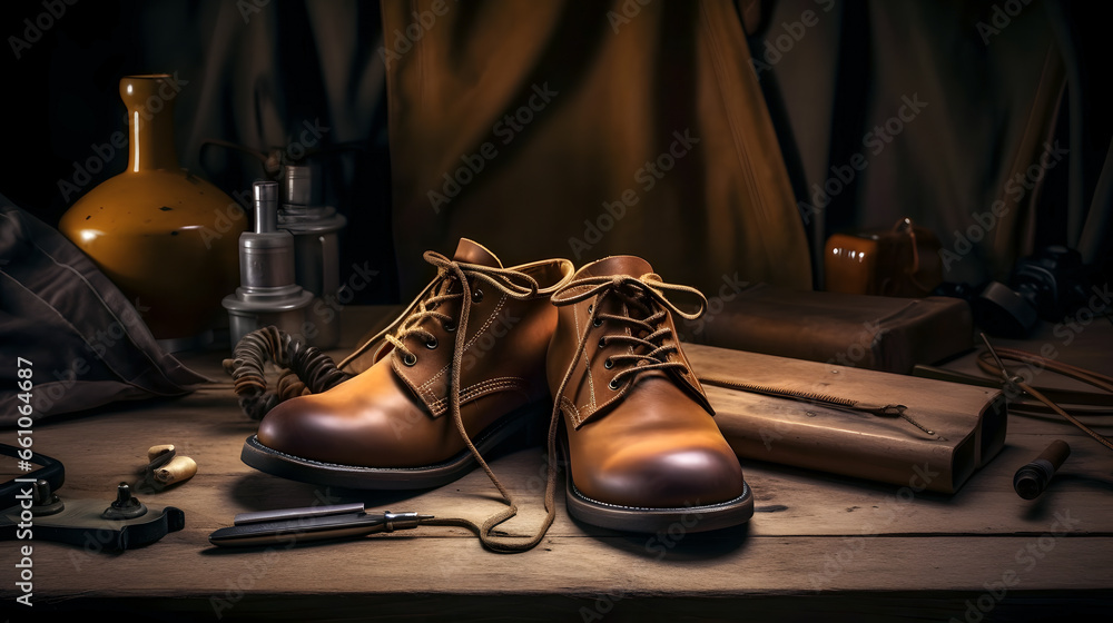 Craftsman make shoe from grain leather on workplace. Shoemaker performs shoes in studio craft Craftsman make shoe from grain leather on workplace. Shoemaker performs shoes in studio craft