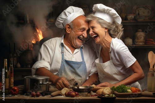 Happy senior couple cooking together in the kitchen at home, Illustration, ai generative
