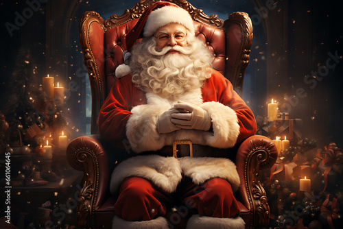 Surprised Santa Claus in a beautiful room next to the fireplace and Christmas tree sits with a sack of gifts
