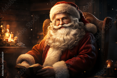 Surprised Santa Claus in a beautiful room next to the fireplace and Christmas tree sits with a sack of gifts