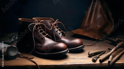 Shoemaker performs shoes in studio craft, workplace of craftsman for restoration shoe grain leather
