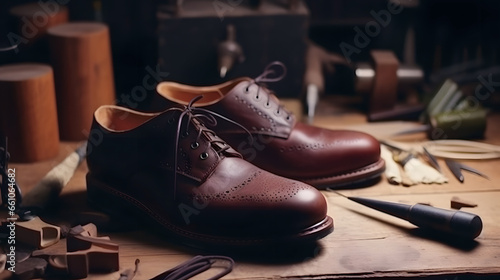 Craftsman make shoe from grain leather on workplace. Shoemaker performs shoes in studio craft photo