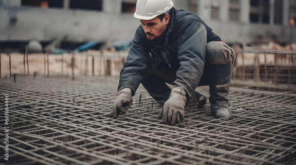 Worker prepares reinforcement for foundation. Concrete pouring during ...