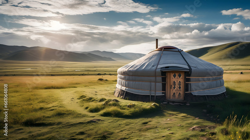 Yurt National old house of asian peoples. Kazakhstan yurta on summer background of green meadows and highlands photo