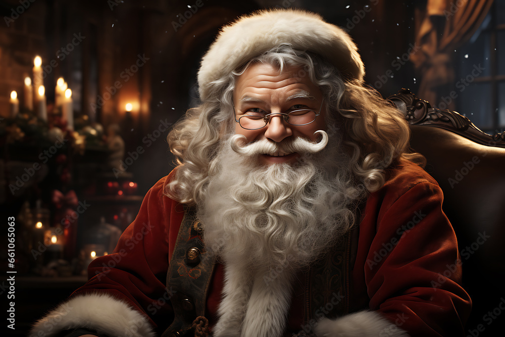 Surprised Santa Claus in a beautiful room next to the fireplace and Christmas tree sits with a sack of gifts Surprised Santa Claus in a beautiful room next to the fireplace and Christmas tree sits with a sack of gifts
