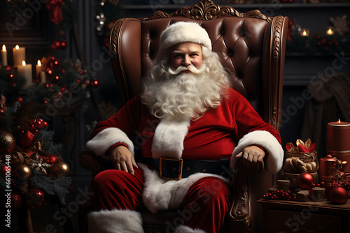 Surprised Santa Claus in a beautiful room next to the fireplace and Christmas tree sits with a sack of gifts 