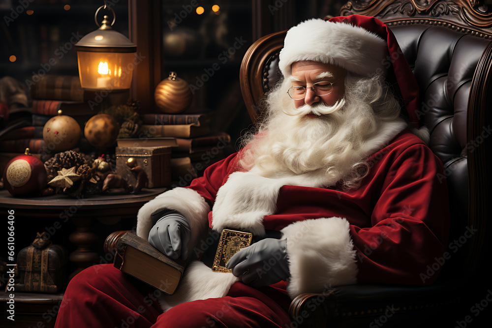 Surprised Santa Claus in a beautiful room next to the fireplace and Christmas tree sits with a sack of gifts 