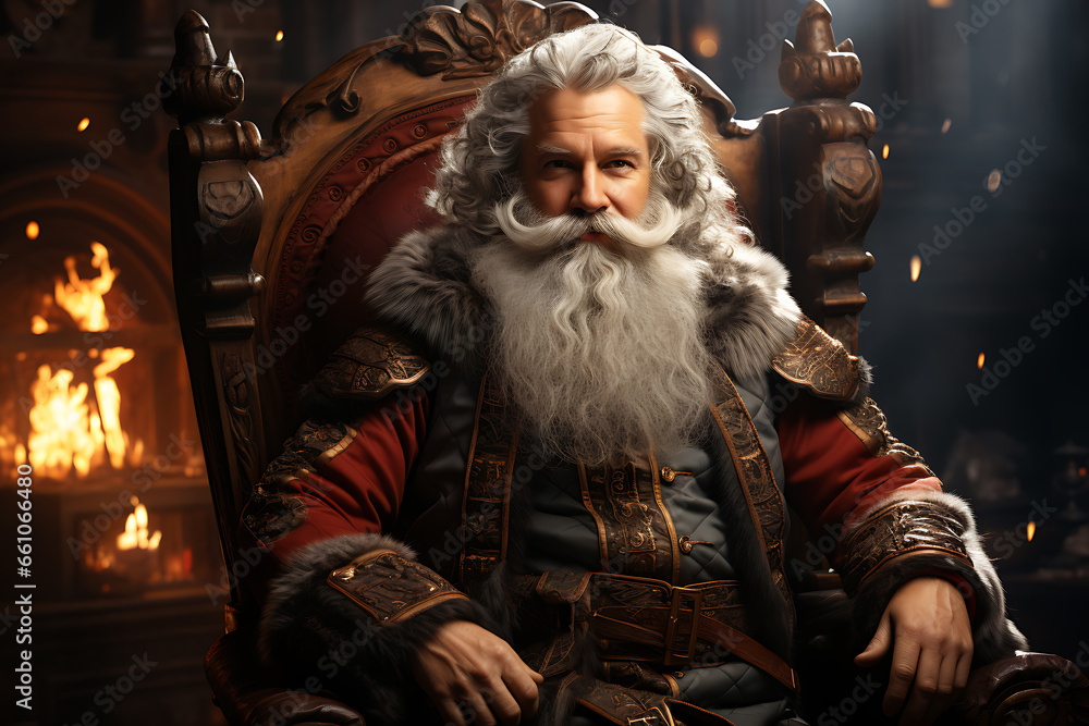 Surprised Santa Claus in a beautiful room next to the fireplace and Christmas tree sits with a sack of gifts Surprised Santa Claus in a beautiful room next to the fireplace and Christmas tree sits with a sack of gifts