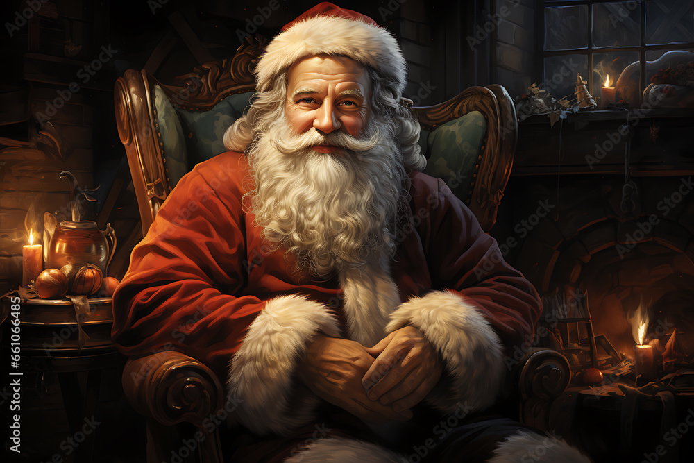 Surprised Santa Claus in a beautiful room next to the fireplace and Christmas tree sits with a sack of gifts Surprised Santa Claus in a beautiful room next to the fireplace and Christmas tree sits with a sack of gifts