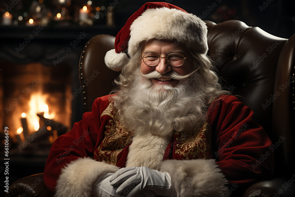 Surprised Santa Claus in a beautiful room next to the fireplace and Christmas tree sits with a sack of gifts Surprised Santa Claus in a beautiful room next to the fireplace and Christmas tree sits with a sack of gifts