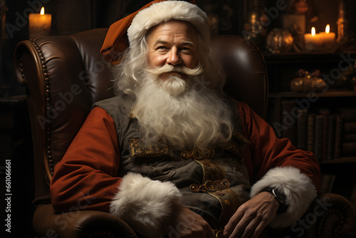 Surprised Santa Claus in a beautiful room next to the fireplace and Christmas tree sits with a sack of gifts 