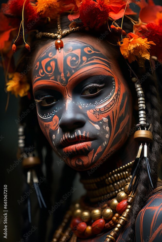 Powerful close-up of a tattoed African shaman with intense gaze, embodying tradition and spirituality. Powerful close-up of a tattoed African shaman with intense gaze, embodying tradition and spirituality.