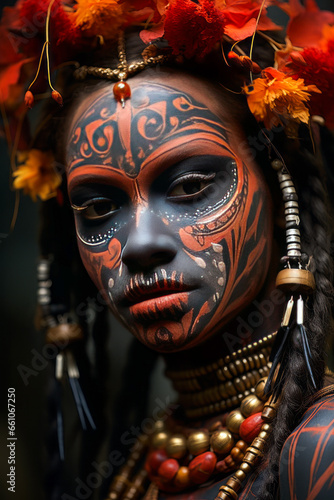 Powerful close-up of a tattoed African shaman with intense gaze, embodying tradition and spirituality. © XaMaps
