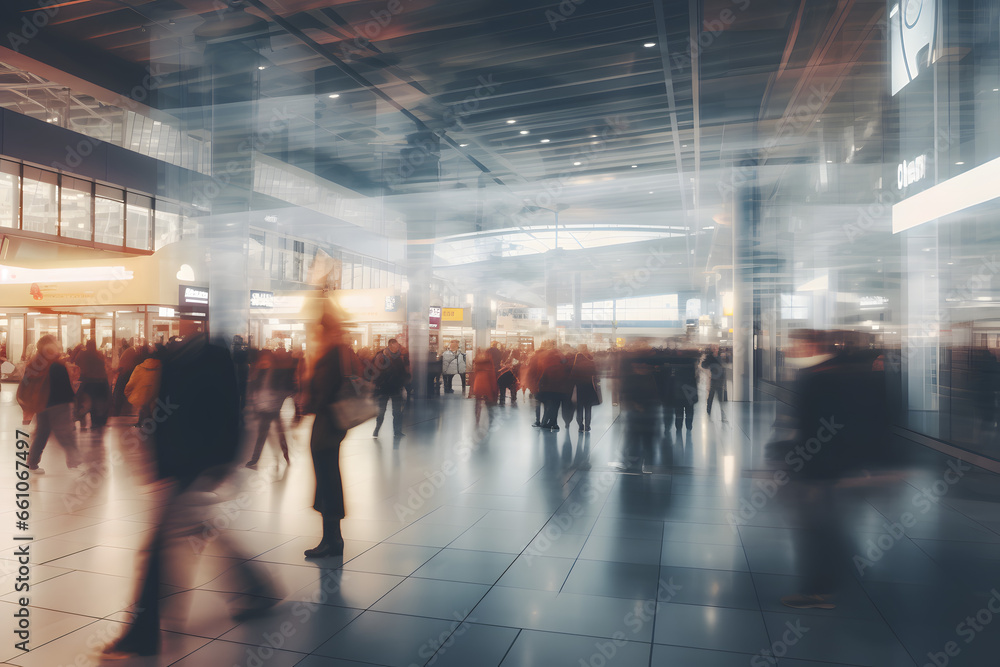 Blurred motion of people walking in a brightly lit modern terminal