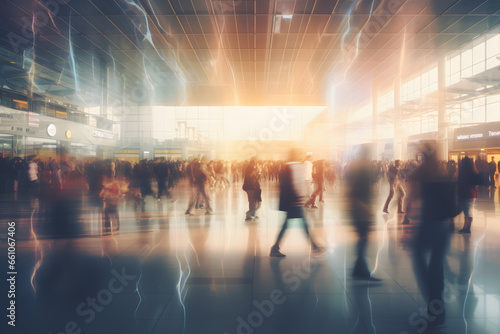 Blurred figures move through a bright modern terminal or mall
