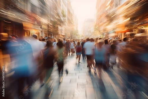Crowds of people are captured in motion blur as they walk along a city street illuminated by golden light
