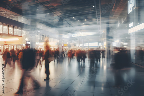 Blurred motion of people walking in a brightly lit modern terminal