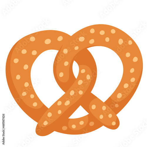 Traditional pretzel in flat cartoon style, isolated on white background. Bakery menu