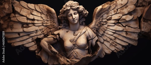 Damaged carved marble statue of a female angel with wings, expressive old world sculpture.