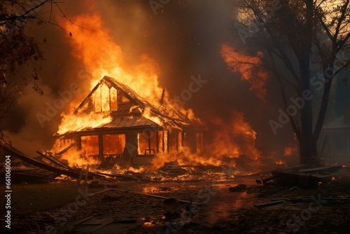 Destroyed house engulfed in flames and debris. Generative AI