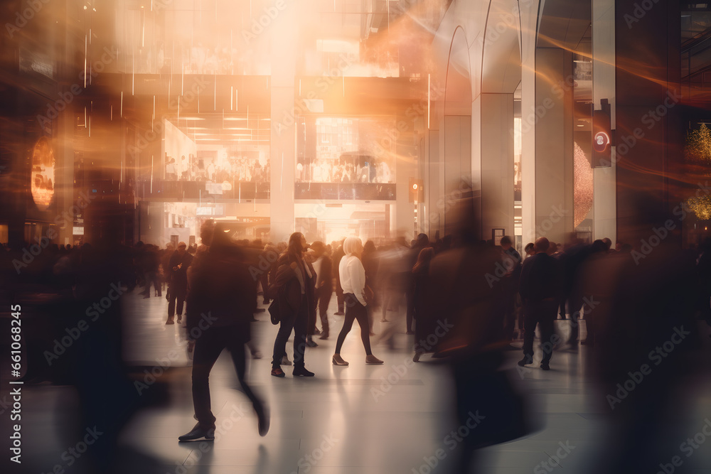 Blurred figures of people move swiftly within an illuminated urban space with reflective surfaces