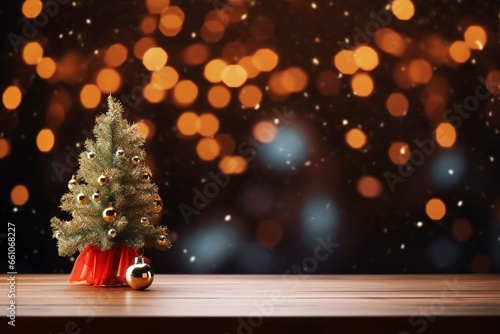 Empty christmas table background with christmas tree out of focus for product display montage  generative ai