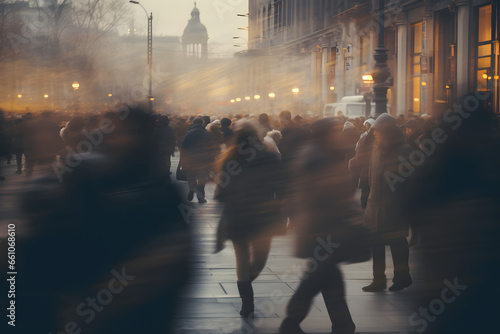 blurred streetphoto of a crowded city shopping street full of rushing people in autumn