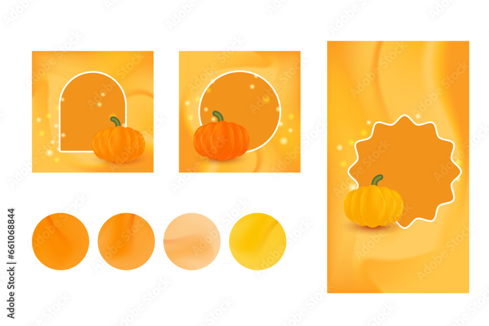 Cute orange aesthetic social media template, with orange yellow pumpkins for feed post, stories with geometric shapes for your text or quote. Aesthetic style background template for social media.