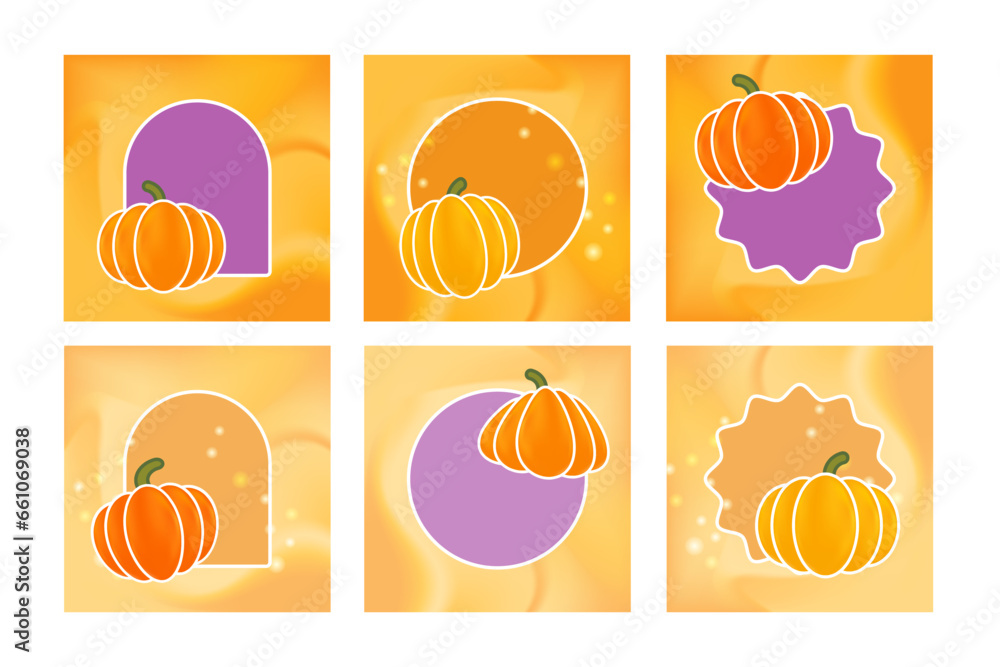 Cute pumpkins drawing in different funny shapes and colors in gradient orange purple square background, perfect for social media, poster design, cute sticker, watercolor pumpkin decoration.